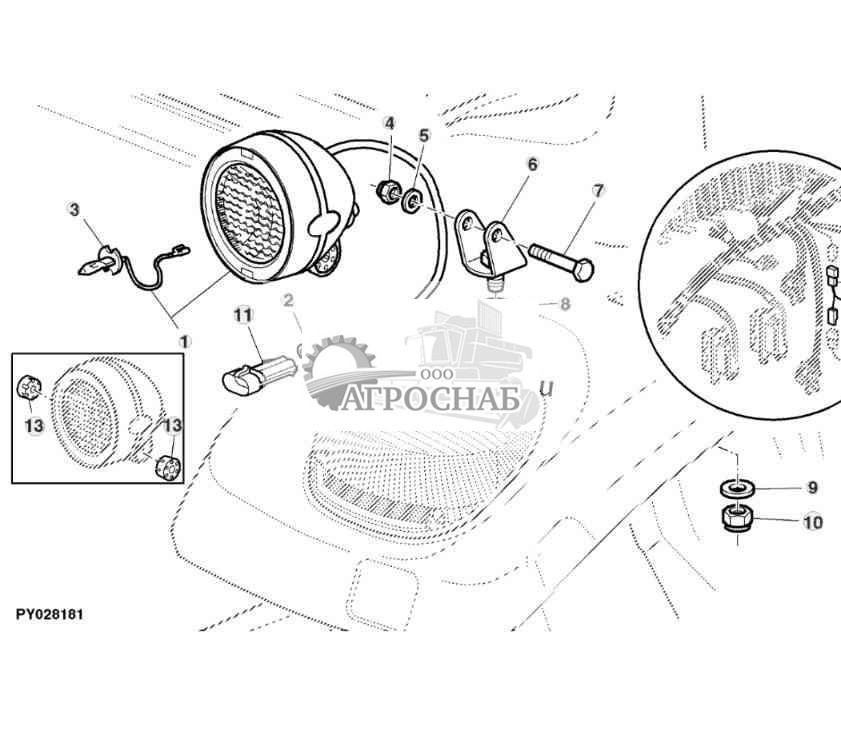 Рабочее освещение, заднее крыло (кабина) 